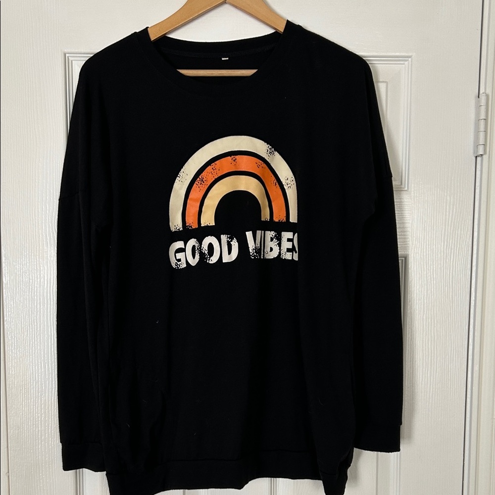Black 'Good Vibes' T-shirt with Rainbow Design
